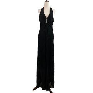 Vintage 90s Cache Halter Neck Black Metallic Pleated Maxi Gown Small